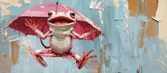 Wall Mural - Colorful Illustration of  cute pink frog on abstract background. Oil painting.