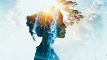 Poster - A womans face is visible in the foreground, with a majestic waterfall cascading in the background. The contrast between the serene face and the powerful waterfall creates a captivating scene.