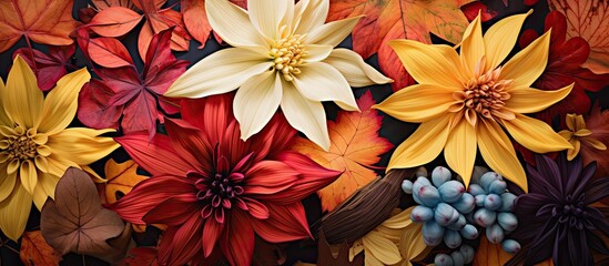 Wall Mural - The picture showcases a variety of flowers, each displaying unique petals and colors. It captures the beauty of different terrestrial plants in a vibrant floral design within a landscape setting