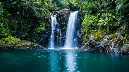 Poster - A powerful waterfall cascading down into a vast body of water, creating a dramatic and dynamic scene in the natural landscape. The water plunges from a height, sending sprays and mist around the surro