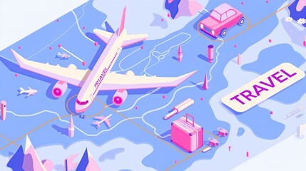 Wall Mural - Airplane on blue background. Aircraft flight travel. Isometric design illustration with 