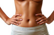 © July P - The woman holds her hands on her waist. Close-up of the belly.