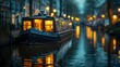 A Tranquil Canal at Night: An Illuminated Narrowboat in the Heart of Amsterdam