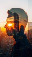 Poster - A double exposure capturing the profile of a mans face superimposed over a cityscape during a vibrant sunset. The mans features blend with the urban environment, creating a striking visual effect.