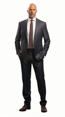 Poster - Generative AI Middle-aged male businessman in a suit, slight smile, hands in pockets, standing tall against a plain white background
