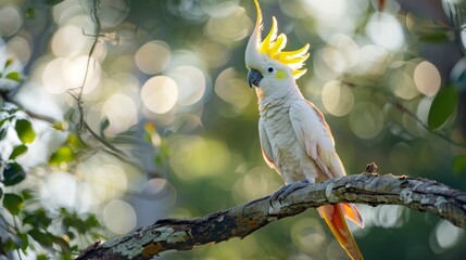 Poster - A white and yellow cockatoo bird is sitting on top of a gnarled tree branch.