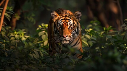 Poster - A tiger is walking through a forest with green leaves. The tiger is looking at the camera