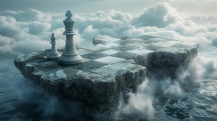 Chess board rests on island surrounded by ocean waters and natural landscape 3