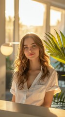Poster - A woman with long brown hair is smiling at the camera. She is wearing a white shirt and standing in front of a plant
