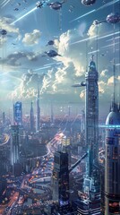 Aufkleber - The image features a bustling futuristic cityscape filled with numerous flying saucers hovering in the sky. The city is adorned with sleek metallic skyscrapers and neon lights, portraying a technologi