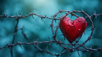 Red Heart-Shaped Object Entwined in Barbed Wire Against a Blurred Blue Background