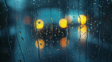 Poster - Rain streaks cover a window, with yellow lights shining in the background, creating a contrast of light and dark.