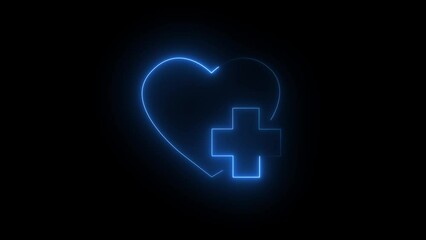 Glowing neon line Heart with a cross icon isolated on black background. First aid. Healthcare, medical and pharmacy sign. 4K Video motion graphic animation.
