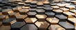An abstract technological modern hexagonal background features a captivating blend of gray and gold colors, enhanced by highlights and reflections that add depth and dimension to the design