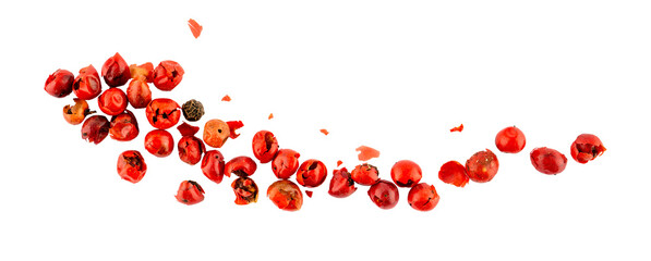 Wall Mural - a pile of aromatic peppercorn spice, Red pepper seeds, dried cooking spicy ingredients, graphic element isolated on a transparent background