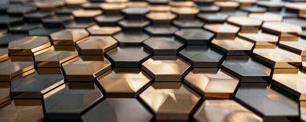 Wall Mural - An abstract technological modern hexagonal background features a captivating blend of gray and gold colors, enhanced by highlights and reflections that add depth and dimension to the design