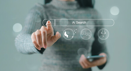 businessman using smartphone with ai search engine bar for data search optimization by artificial in