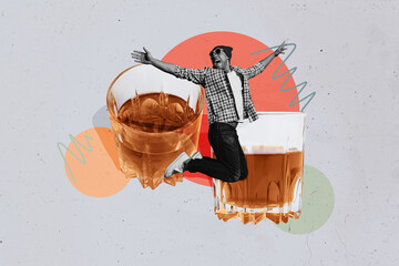 Canvas Print - Creative abstract template collage of jumping excited funky man have fun whiskey glass alcohol bar billboard comics zine minimal