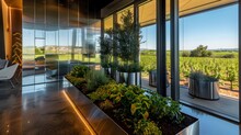 Sleek Office Corner Adorned With Natural Elements Overlooking A Vineyard Panorama