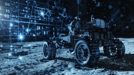 Aufkleber - A robot is on a planet with a lot of numbers and equations. The robot is surrounded by a lot of stars and the sky is blue