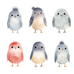 Wall Mural - Watercolor set of cute small birds in soft colors isolated on white background.