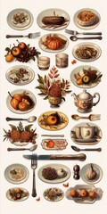 Fototapete - Generative AI Miniature digital sticker set depicting a lavish Thanksgiving dinner table with atmospheric watercolor hues, emphasizing bronze cutlery and white table settings in a cottagepunk style.