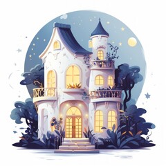 Poster - Generative AI A fairytale abode with a tiny balcony and a white exterior glowing in soft sunlight.
