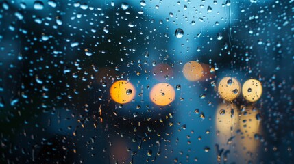 Poster - Rain drops are seen on a window, reflecting the dimly lit street lights in the background. The droplets create a distorted view of the illuminated urban scene behind them.