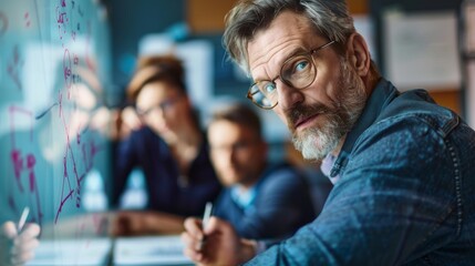 Aufkleber - A man with glasses is writing on a whiteboard. He is surrounded by two other people, one of whom is also writing