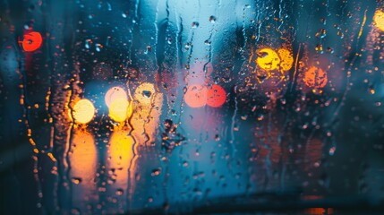 Poster - Rain streaks cover a window, while street lights illuminate the background. The scene captures a rainy night in an urban setting.