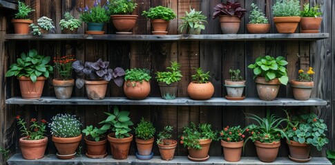 herbs and spices aligned in pots on wooden shelves against wooden wall