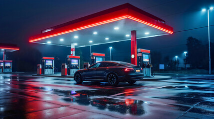 Modern luxurious sports car parked in front of the gas station at night. Refilling the fuel in the automobile vehicle for the long road trip or travel on the highway, petroleum industry service,nobody