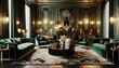 A glamorous Art Deco style living room featuring the elegance and extravagance of the era. The room is bathed in a palette of gold and emerald green