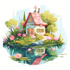 Poster - Generative AI A charming fairytale dwelling showcasing a tiny pond and a blossoming garden.