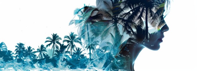 Poster - A painting showcasing a woman set against a background of palm trees. The womans features are detailed, and the palm trees are prominently displayed behind her, creating a tropical ambiance.