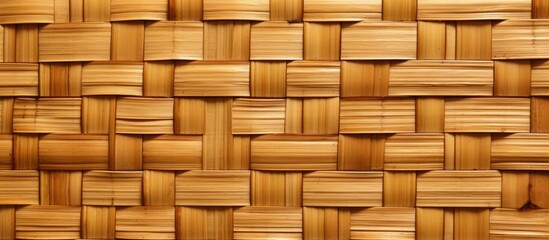 Wall Mural - A closeup shot of a brown hardwood flooring with a woven pattern, showcasing the intricate details of the beige wood stain on the rectangular planks