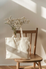 Wall Mural - 
A blank tote bag mockup, with the handle hanging over an oak wood chair and delicate flowers inside it