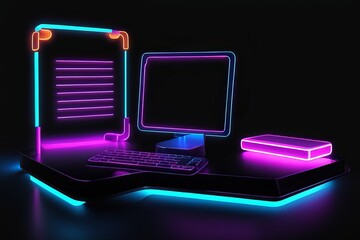 Wall Mural - neon light and 3d rendering. 3d illustration. neon light and 3d rendering. 3d illustration. computer display with a laptop