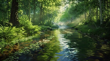 Wall Mural - A serene rivulet winding through a lush forest, with sunlight filtering through the canopy to create dappled reflections on the clear water.