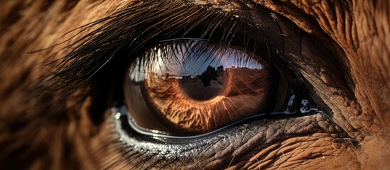 Poster - A closeup of a brown horses eye showing its eyelash, iris, and reflection of a person, highlighting the connection between terrestrial animals and humans