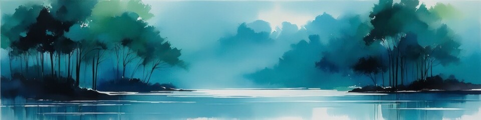 Wall Mural - Abstract watercolor blurred mountain landscape in dark blue on white background. Abstract background for design, space for text.