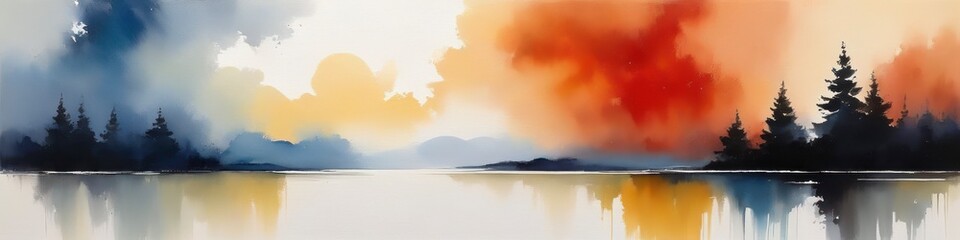 Wall Mural - Abstract watercolor blurred landscape in gray and orange on white background. Abstract background for design, space for text.