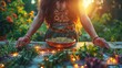 Shaman woman preparing herbal remedies in garden at sunset: Serene herbalist gathers herbs in a golden bowl amidst a vibrant garden as the sun sets, with twinkling lights around