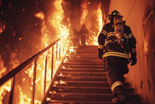 A Firefighter In Full Gear Walking Up A Flight Of Stairs While On A Mission, Displaying Professional Skills And Dedication