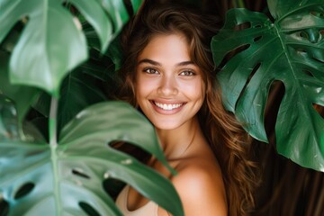 Sticker - beautiful smiling happy woman with monstera leaves, natural woman tropical portrait