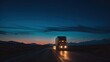 A lonely truck on the road at dusk.