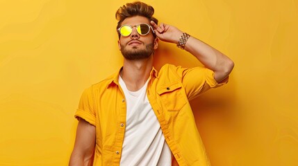 Portrait of a young man with a beard and sunglasses, wears a colorful yellow t-shirt, isolated on yellow background.