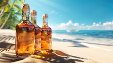 Three Bottles Of Rum On The Sand Beach, With The Sea And Palm Trees In The Background.