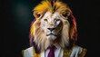 portrait of a lion in a suit and tie on a black background