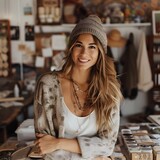 Fototapeta Miasto - a young woman, likely a small business owner or independent crafter, showcasing her handmade products in a warm
